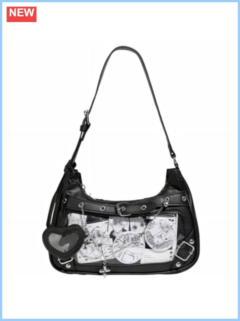 ita Bag PU Leather Shoulder Bag with Pin Display Panel Chain Strap Studded Goth